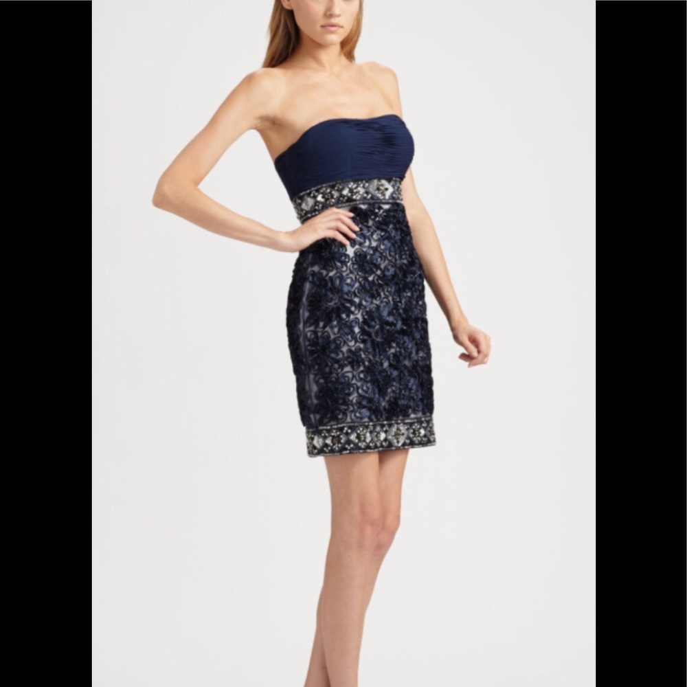 Sue Wong Navy Strapless Dress with Silver Accents